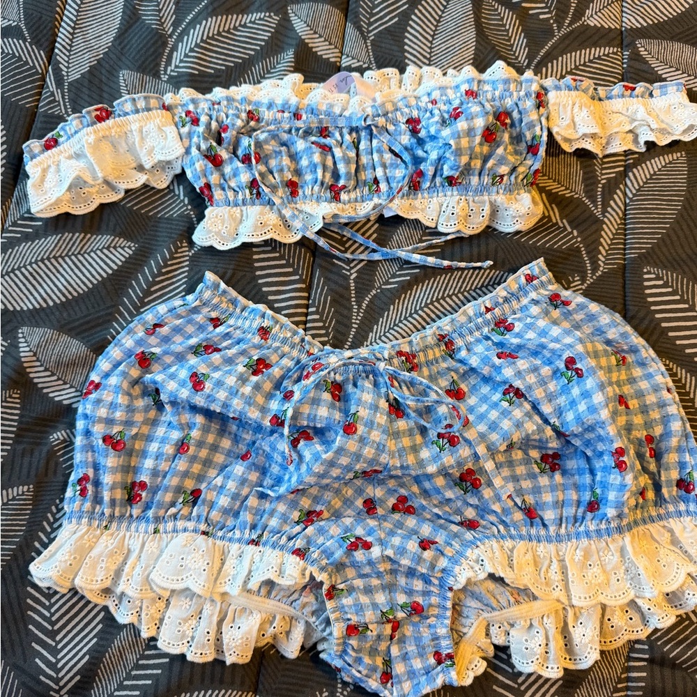 Urban Outfitters Blue and White Crop Top Set